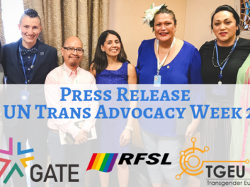 Group photo of participants in the Trans Advocacy Week 2019, with the foreground featuring the text 'Press Release: Trans Advocacy Week 2019' alongside logos of the involved organizations.