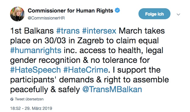 Tweet of the Council of Europe Commissioner for Human Rights, supporting 1st Balkan Trans Intersex March