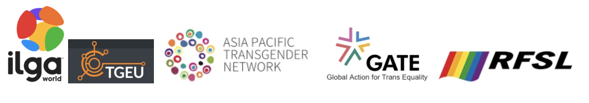 ILGA World, TGEU, Asia-Pacific Transgender Network, GATE, and RFSL logos