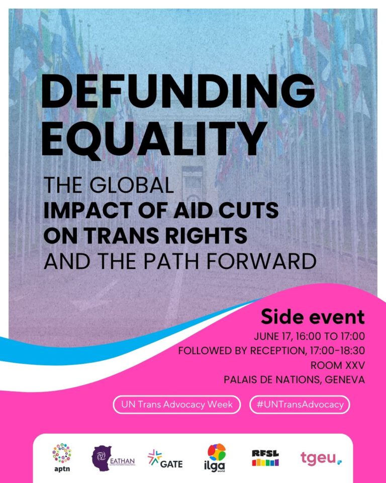 Event poster for Side Event Defunding Equality at the Trans Advocacy Week 2025