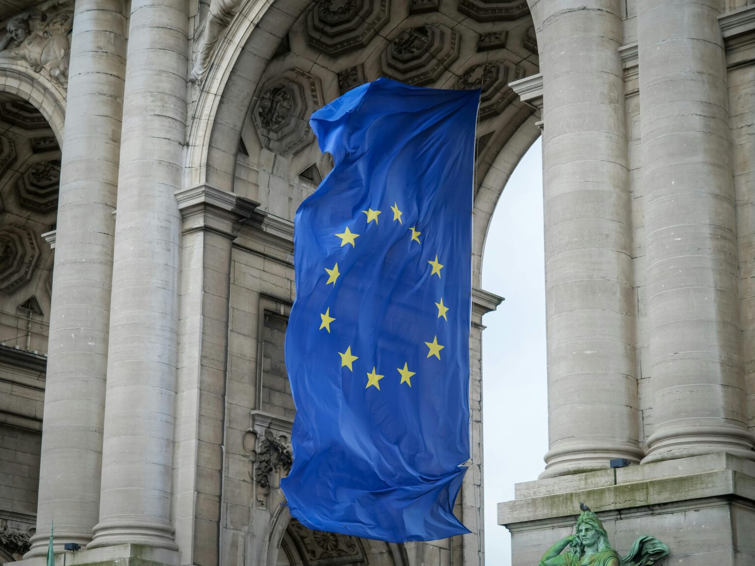 EU Flag between Columns in Brussels, Belgium